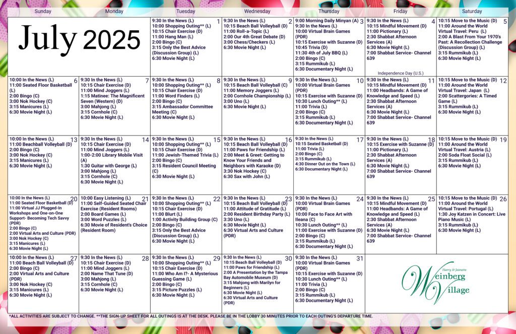 Weinberg Village Assisted Living July 2025 activities calendar